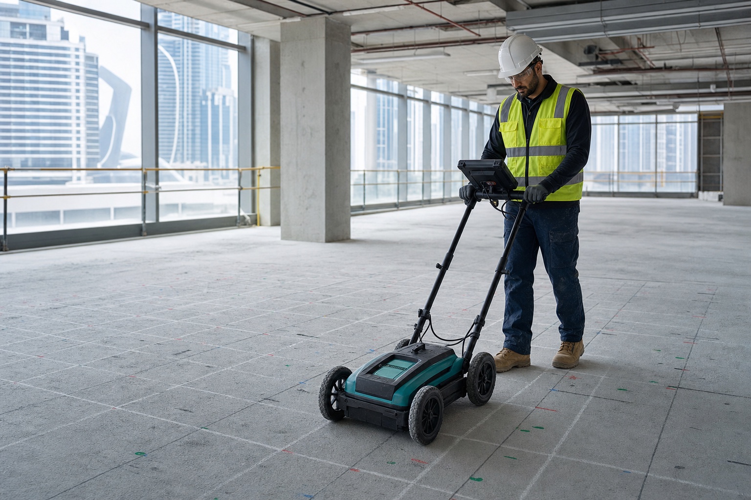 Concrete scanning specialist surveying a marked slab with ground-penetrating radar